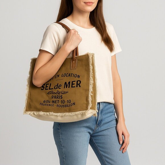 Creative Leather Art Canvas Tote Bag “Sel de Mer” Paris - Fringed & Striped Lini - Picture 1 of 11